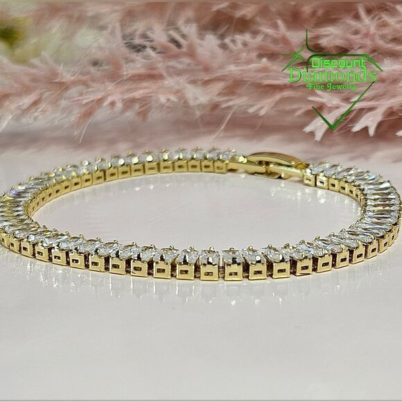 White Rectangular 8 mm Topaz Tennis Bracelet 14K Gold - Picture 4 of 10